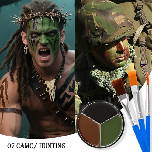 Black Brown Green Face & Body Paint - Blendable Facepaint Foundation with Sponge & Brush for Skin, Professional Halloween Face Make-up Kit for Camo Hunting Army Military Deer Camouflage Dirt Costume - color: 07 Camo/Hunting