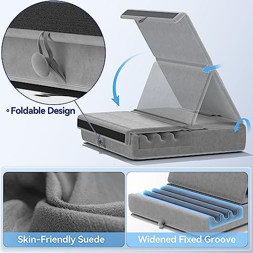 KDD Tablet Pillow Holder, Foldable iPad Stand for Lap, Bed and Desk -Tablet Soft Pad Dock with Pocket & Stylus Mount Compatible with iPad Pro 12.9, 10.5, 9.7 Air Mini 6 5 4 3, Galaxy Tab, E-Reader - color: Grey
