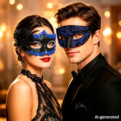 SIQUK Couple Masquerade Masks Set Venetian Party Mask Costume Mask - color: Black & Blue Sequins