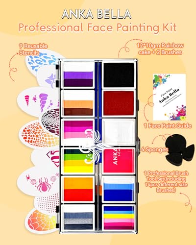 Anka Bella Face Painting Kit for Kids & Adults, Split Cake Water Activated Face Paint Palette with 14 Brushes,Non Toxic Hypoallergenic Washable Face Paint for Drawing Tiger,Lion,Dinosaur,Spider - color: ZooDazzle Palette
