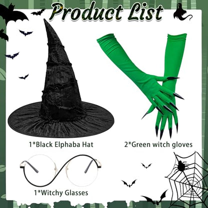 Horolam Halloween Elphaba Costume Accessories, Witch Costume Hat with Glasses Green Gloves for Adult Women Cosplay Dress Up