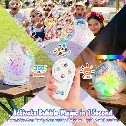 Bubble Machine with Remote Control, 360° Automatic Rotation & 7 RGB Lights Rechargeable Bubbles Machine for Kids Boys Girls, Portable Bubble Machine for Parties Wedding Birthday Outdoor