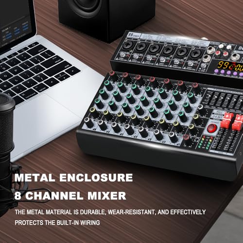 BOMGE Professional 8 Channel DJ Audio Mixer, Sound Mixer with 99 DSP Effects/7-band EQ/USB Drive/Bluetooth/Compute/48V Phantom for PC Recording Karaoke Studio Streaming