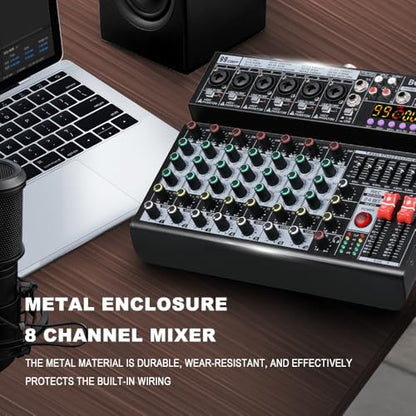BOMGE Professional 8 Channel DJ Audio Mixer, Sound Mixer with 99 DSP Effects/7-band EQ/USB Drive/Bluetooth/Compute/48V Phantom for PC Recording Karaoke Studio Streaming
