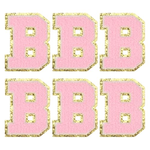 MECCANIXITY Chenille Letter Patches 3.1" Alphabet B Iron on Embroidered Patch Sew on Letter Stickers Applique for Repairing Clothing Jeans Shoes Hats DIY(Pink, Pack of 6) - style: Letter-B