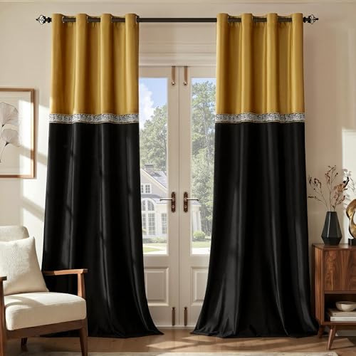 GIGIZAZA Velvet Curtains 90 Inch for Living Room 2 Panels Gold Black - color: Gold+black, size: 52"W x 90"L (Pack of 2)