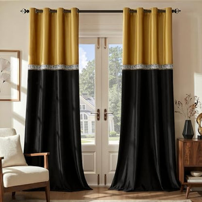 GIGIZAZA Velvet Curtains 84 Inch for Living Room 2 Panels Gold Black - color: Gold+black, size: 52"W x 84"L (Pack of 2)