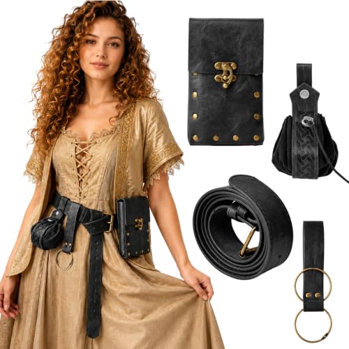 Renaissance Belt Pouch Set, Medieval Viking Pirate Leather Bag, Steampunk Waist Bag Skirt Hike Set, Halloween Cosplay Costume Accessories for Men Women (Black) - color: Black