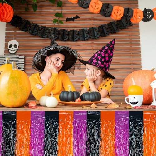 2 Pack 29.5x108 Inch Foil Tinsel Fringe Table Skirts, Disposable Table Skirts for Rectangle Tables Curtains Backdrop Parade Wedding Floats Baby Shower Party (Black, Orange, Purple) - color: Black, Orange, Purple