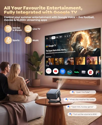 Smart 4K Projector [Google TV Stick Built-in & 360° Stand] with WiFi 6, Bluetooth 5.3, HDR10, 30W Hi-Fi, AI Auto Focus, Outdoor Portable Short Throw Movie Projector for Home Theater Bedroom Ceiling