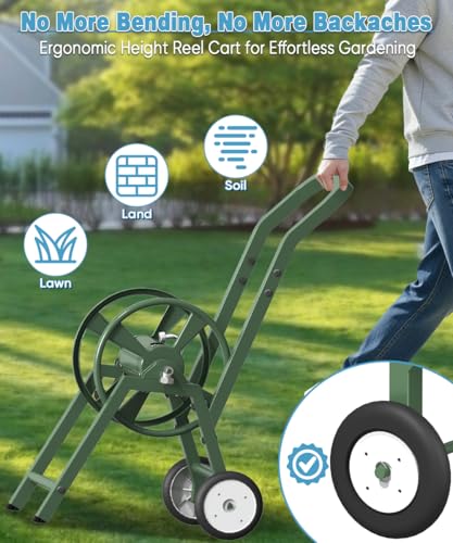 Garden Hose Reel Cart with Wheels, Holds 165 ft of 5/8’’ Hose Outdoor Heavy Duty Powder-coated Steel Water Storage Holder Rack with 3.9 Ft Leader Hose for Outside Lawn Yard, Green