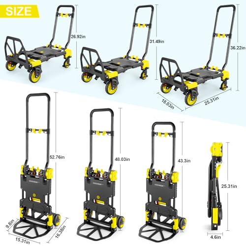 Folding Hand Truck Dolly, 330lb Convertible 4 to 2 Wheel Moving Cart,Yellow | Dolly Cart with Retractable, Aluminum Alloy & Cast Iron Build, Nylon Wheels,Compact Fold,for Moving,Office,Delivery,Outdoor - size: 330LB Yellow