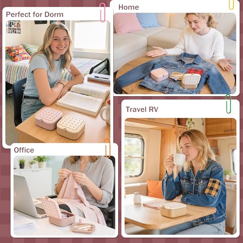 LOTOFUN Small Sewing Kit Box: Cookie Design Portable 2-Layer Organizer Magnetic Needle and Thread Kits Holder Basic Case - Travel Emergency Clothes Repair for Adults (Beige) - color: Beige