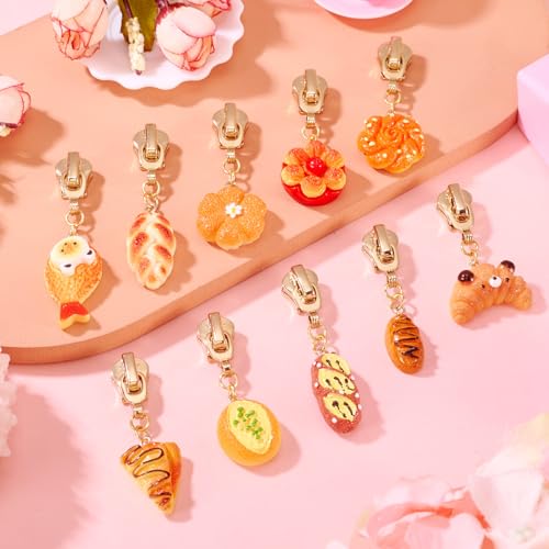 Sparkeads 10Pcs Bread Alloy Resin Zipper Replacement Slider,Cute Zippers Sliders for Sewing,Metal Zipper Pull Replacement for DIY Tailor Craft Bag Luggage Clothing Wallet Costume Jacket Supplies-Food - style: Food