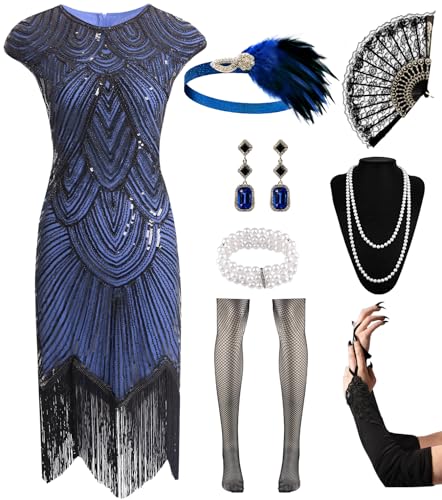 VillbeCoser 1920s Flapper Dress for Women Sequin Fringe Roaring 20s Costume - color: Black Blue, size: Medium