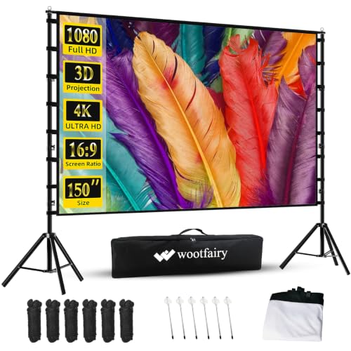 Wootfairy 150inch Outdoor Projector Screen with Stand Portable Wrinkle-Free | Foldable 16:9 4K HD Front Rear Large Projection Movie Screen with Carry Bag for Indoor Backyard Family Theater Camping Cinema