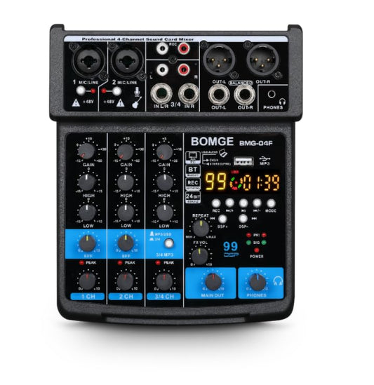 BOMGE 4 Channel mini DJ Audio Sound Mixer Interface with MP3、 USB, Bluetooth, Stereo Recording, 48V Phantom Power, 99 DSP for karaoke, performance, church singing, podcas streaming - color: BLACK-04F