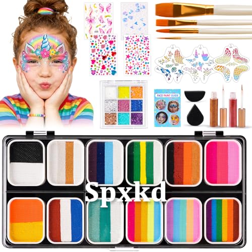 Face Painting Kit for Kids Adults 12X10gm Split Cake Face Paint Palette with 9 Gliters 2 Eye Shadow Sticks 2 Sponges 6 Stencils - color: Multicolor