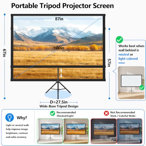 Portable Projector Screen with Tripod Stand, 100in Projection Screen Outdoor for Backyard, Camping, Washable Cloth Projector Screen with Water Weight Bag, Indoor Movie Screen, 16:9 - size: 100inch
