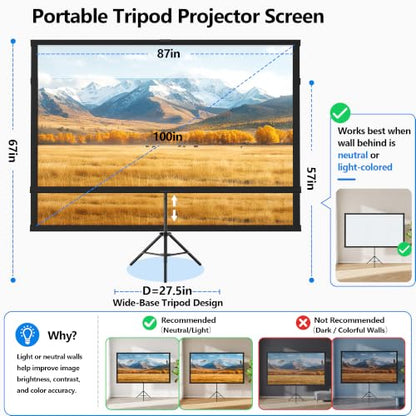 Portable Projector Screen with Tripod Stand, 100in Projection Screen Outdoor for Backyard, Camping, Washable Cloth Projector Screen with Water Weight Bag, Indoor Movie Screen, 16:9 - size: 100inch