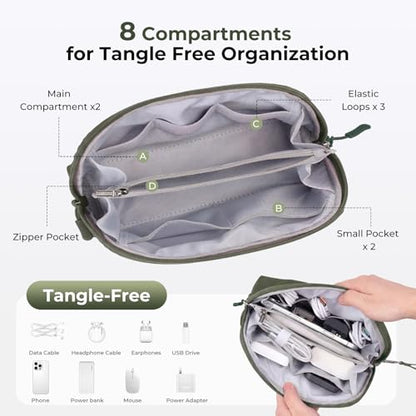 FYY Travel Cable Organizer - 8 Compartments, Lightweight, Water Repellent - color: Green, size: (M) 8.9"× 5.1"× 3.3"