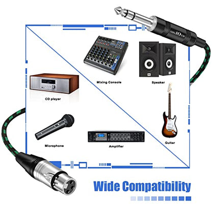 XLR Female to 1/4 Cable 10ft 3 Meter Green Braided | Balance 6.35mm TRS Plug to 3-pin XLR Female Cannon Mic Cable - color: Green TRS to XLR female, size: 10ft