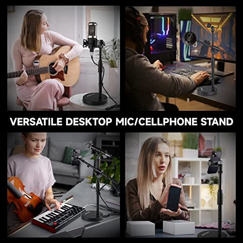 Microphone Stand Desk Adjustable Desktop Microphone Stand with Boom Arm Upgraded 3 in 1 Table Phone/Mic Stand with Microphone Clip,Cell Phone Clip,3/8" to 5/8" Adapter for Universail Mic | Upgraded 3-in-1 table phone/mic stand for calls and streaming. Inc