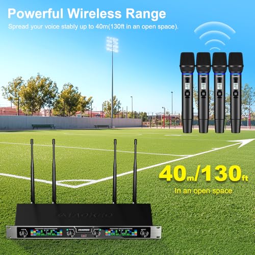 Aokeo Wireless Microphones System, 4 Channel UHF Wireless Mics,with 4 Handheld Dynamic Microphones,Metal Receiver for Karaoke,Singing,Wedding,Party,Speech - color: Brown