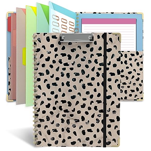 Clipboard Folio with Notepad for Letter Size (11" x 8.5"), 5 Extra Folders with Storage 10 Pockets, 39 File Folder Labels, Elastic Closure Spiral Clipboard with Storage(Cheetah Spots) - color: Cheetah Spots