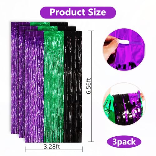 BEISHIDA 3Pcs Purple Green Black Door Streamer Backdrop Foil Fringe Tinsel Curtains Backdrops for Monster Truck Theme Birthday Party, Halloween Party Supplies (3.28 ft x 6.56 ft) - color: 3 Pack-purple Green Black