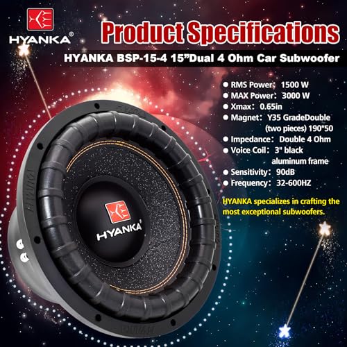 H YANKA BSP-15-4 15 Inch Subwoofer – 3000W Max Power, 3" Dual Voice Coil, 4 Ohm, Car Audio Subwoofer, Black Aluminum Basket, Paper Cone, Deep Bass for Cars - size: 15", style: Dual 4 Ohm