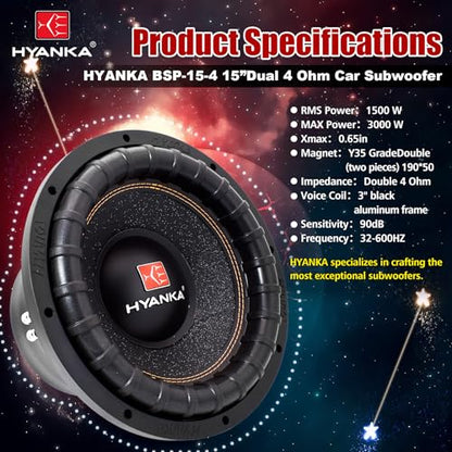 H YANKA BSP-15-4 15 Inch Subwoofer – 3000W Max Power, 3" Dual Voice Coil, 4 Ohm, Car Audio Subwoofer, Black Aluminum Basket, Paper Cone, Deep Bass for Cars - size: 15", style: Dual 4 Ohm