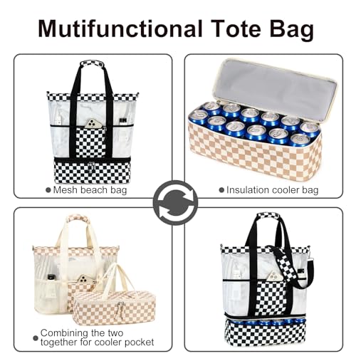 Bluboon Mesh Beach Tote Bag with Cooler Compartment Insulated Detachable Picnic Bag with Zipper and Pocket Pool Bag for Women - color: A-black and White Grid