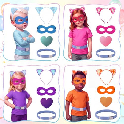 Eurzom 16 Pcs Kitties Costume Kitty Show Costume Cat Cosplay Accessories with Headbands, Mask, Heart Stickers, Blue Belts, for Halloween Cosplay Outfit Fancy Dresses Birthday Party Decoration Supplies
