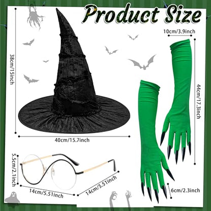 Horolam Halloween Elphaba Costume Accessories, Witch Costume Hat with Glasses Green Gloves for Adult Women Cosplay Dress Up