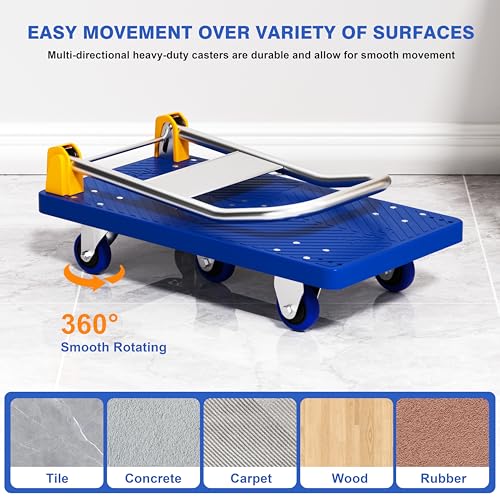 Push Cart Dolly, Collapsible Hand Truck Platform 360 Degree Swivel Wheels with 1320lb Weight Capacity, Platform Truck for Loading and Storage (Blue) - size: 1320bs, 24.5"x40.5"(WxD)