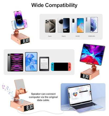Gifts for Women Girls, Phone Stand with Bluetooth Speaker 360°Rotable Angle | Phone Holder for Desk/ HD Subwoofer Sound/ Fits Smart Phones/Alarm Clocks - color: Rose Gold