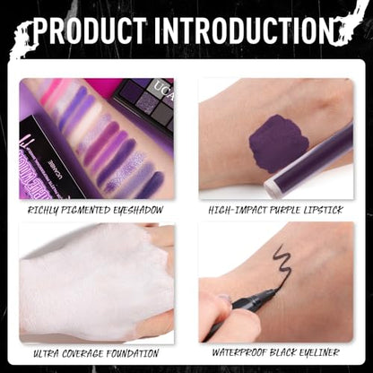 UCANBE Halloween Makeup Kit – 15-Color Purple Eyeshadow Palette, White Liquid Foundation, Purple Liquid Lipstick, Black Eyeliner, Setting Powder & Sponges Makeup Set for Cosplay Witch Devil Sorceress - color: Purple Makeup Kit