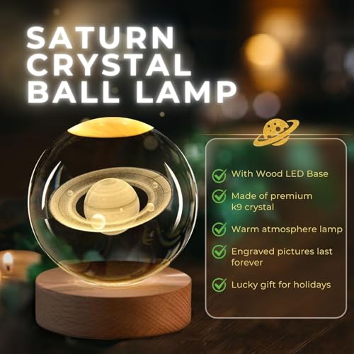Flexzion 3D Saturn Crystal Ball Night Light - LED Light Hologram Glass Lamp w/Solid Wood Base, USB Powered Crystal Ball Lamp w/Adjustable Brightness for Home Decor Display Gift, 3.15 inch (80mm) | Saturn Lamp with Solid Beech Wood Base and Adjustable Brig
