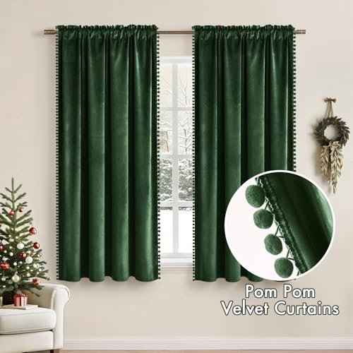 MIULEE Emerald Green Pom Pom Velvet Blackout Curtains, 52"x63" Set of 2 | Rod Pocket Curtains,Thermal Insulating,Christmas Blackout Curtains for Bedroom/Home Theater/Living Room Darkening - color: Emerald Green, size: 52"W x 63"L (Pack of 2)