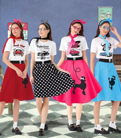 1950s Poodle Skirt Outfit Women 50s Sock Hop Costume T Shirt Accessories - color: Blue-sockhop, size: Small