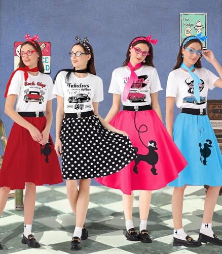 1950s Poodle Skirt Outfit Women 50s Sock Hop Costume T Shirt Accessories - color: Blue-sockhop, size: X-Large