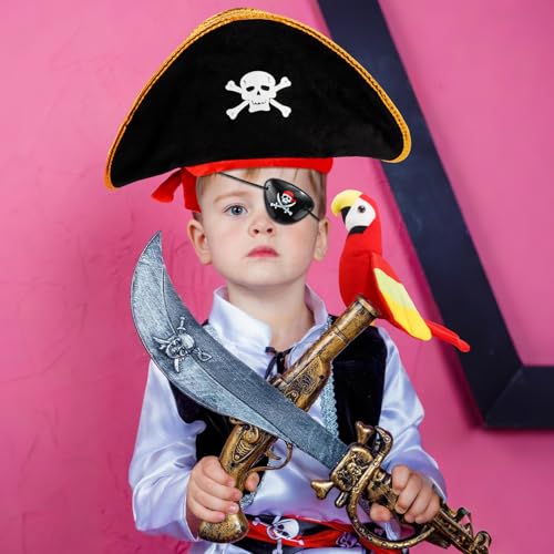 CUBACO Pirate Hat Costume for Cospaly, 3PCS Captain Hat Set Parrot Costume Adult Eye Patch Pirate Accessories Gift for Women Men Halloween School Shows and Theater Performance