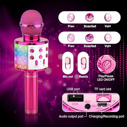 BlueFire 4 in 1 Karaoke Wireless Microphone with LED Lights, Portable Microphone for Kids, Great Gifts Toys for Kids, Girls, Boys and Adults (Purple) - color: purple