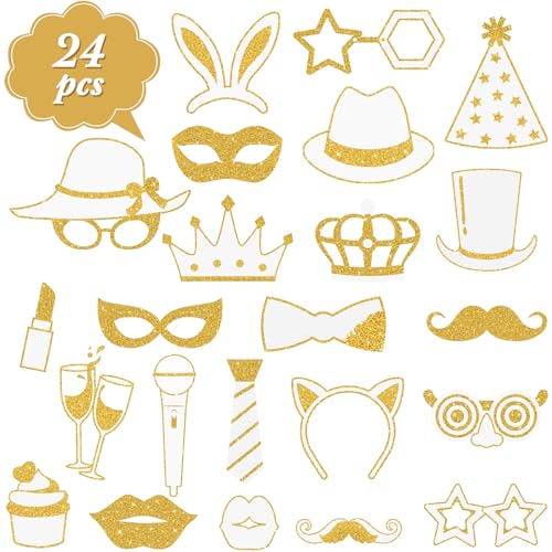 Zonon 24 Pcs Photo Booth Props Set Black Gold Birthday,White and Gold | Props on Sticks for Wedding, Reunion, Prom, Includes Mustache, Hats, Glasses, Ties, Lips, Crowns, Fun Party Accessories - color: White and Gold