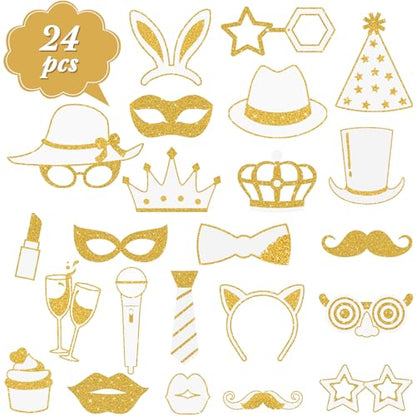 Zonon 24 Pcs Photo Booth Props Set Black Gold Birthday,White and Gold | Props on Sticks for Wedding, Reunion, Prom, Includes Mustache, Hats, Glasses, Ties, Lips, Crowns, Fun Party Accessories - color: White and Gold