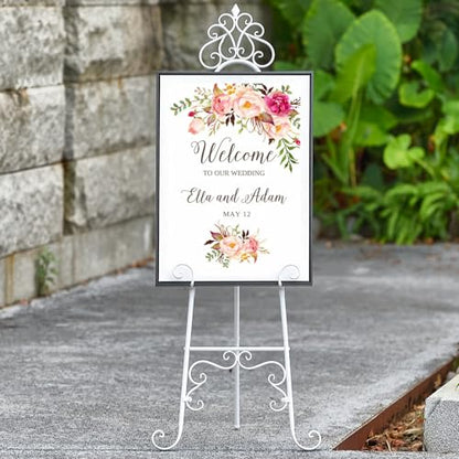 59" H Metal White Large Adjustable Easel Stand for Wedding Sign | Metal Free Standing Scroll Display Easel for Wedding Sign Mirror Picture Poster Holder Showcasing