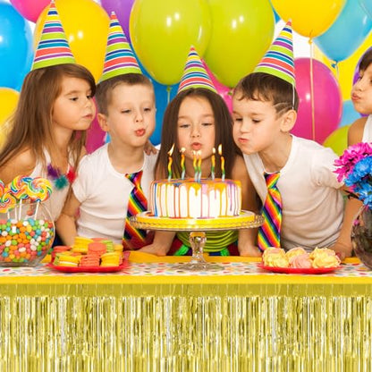 2 Pack 29.5x108 Inch Gold Foil Tinsel Fringe Table Skirts, Disposable Table Skirts for Rectangle Tables Curtains Backdrop Parade Wedding Floats Baby Shower Birthday Mardi Gras Party - color: Gold