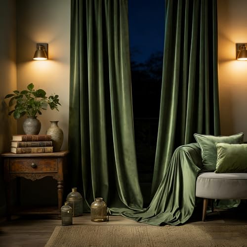Velvet Blackout Curtains 52" W x 84" L - Olive Green Room Darkening Drapes with Rod Pocket & Back Tab, 2 Panel Set for Bedroom Living Room - color: Rod Pocket |Olive Green, size: 52"W x 84"L (Pack of 2)