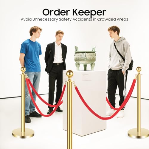 6-Pack Gold Stanchion Posts with Red Velvet Ropes - 37.4" Crowd Control Barriers for Events, Weddings, Museums, 4-Way Hook Connection, Heavy-Duty Base